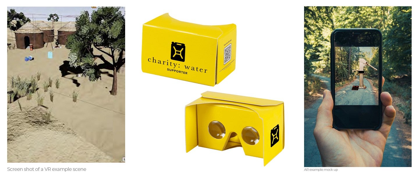 examples of AR and VR activations with a mockup of yellow VR goggles