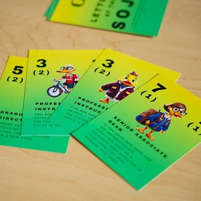 Cards from SOJC Letters, a game created in a media studies production class