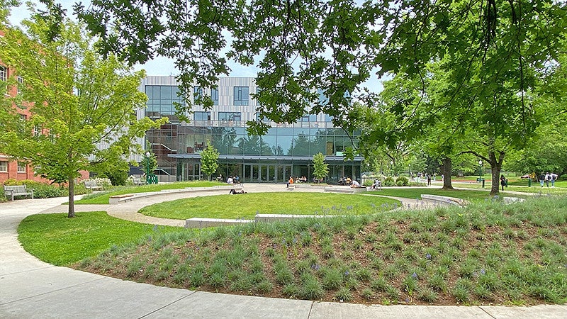 The Tykeson Hall courtyard on the University of Oregon campus