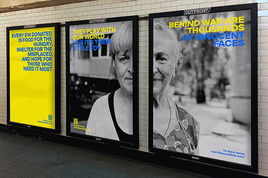 series of three subway posters featuring black and white photos of Ukrainian women with bright yellow and blue text