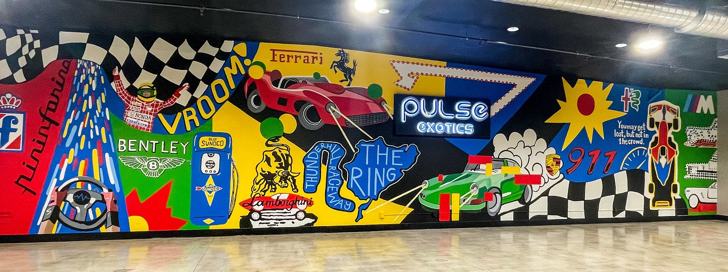 brightly colored automotive racing themed mural