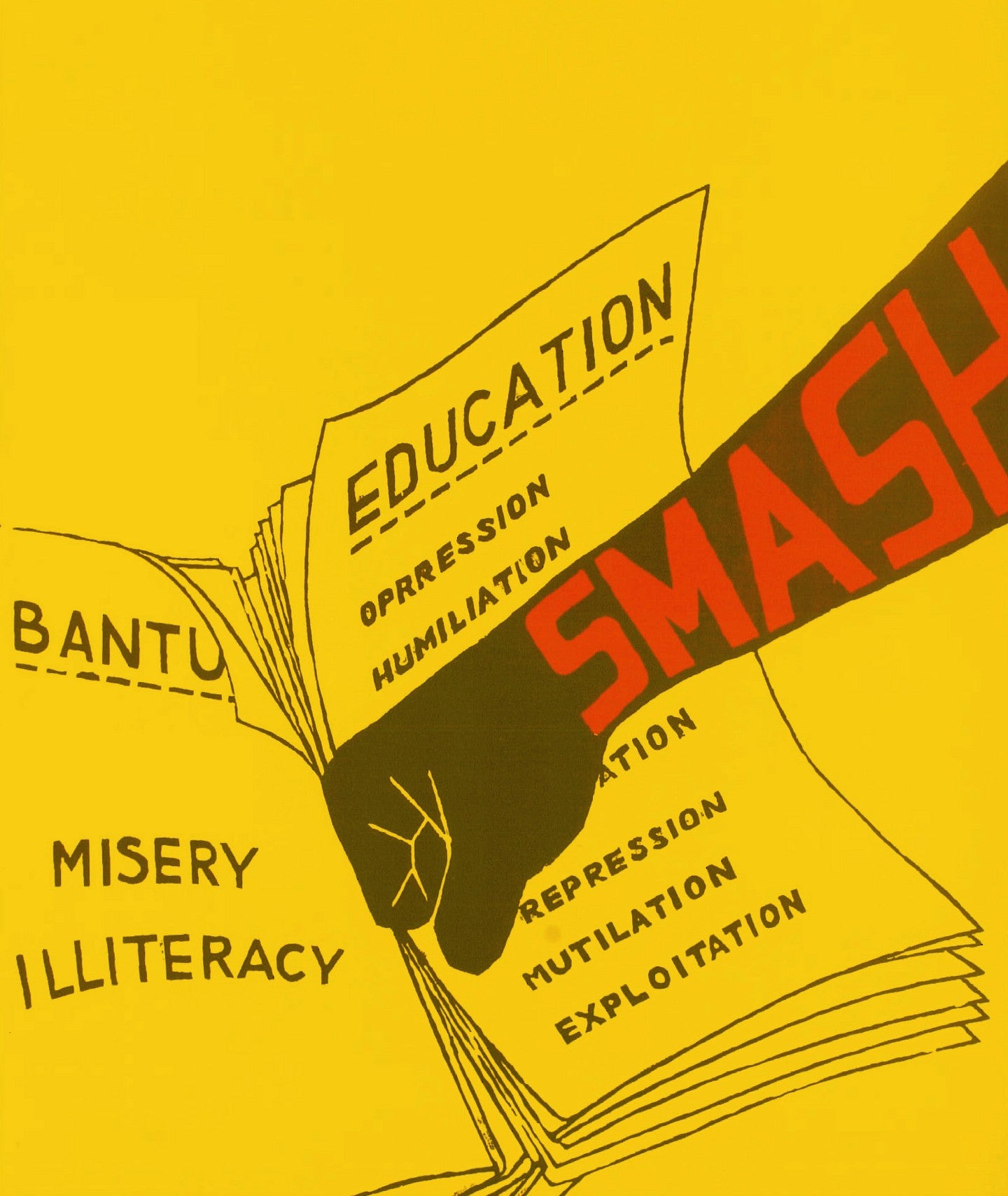 digital illustration of a black fist punching a stack of papers labeled education