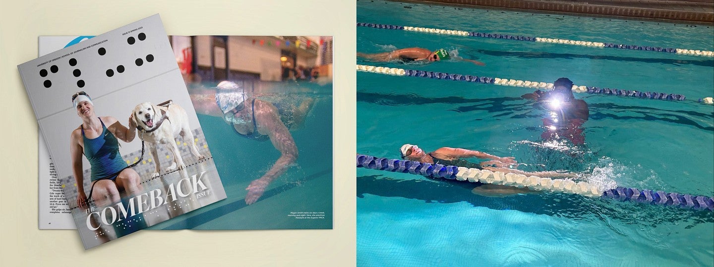 composite image of the spring issue of Flux Magazine with a layout of a person swimming next to a behind the scenes photo of a photography student in the pool making the image