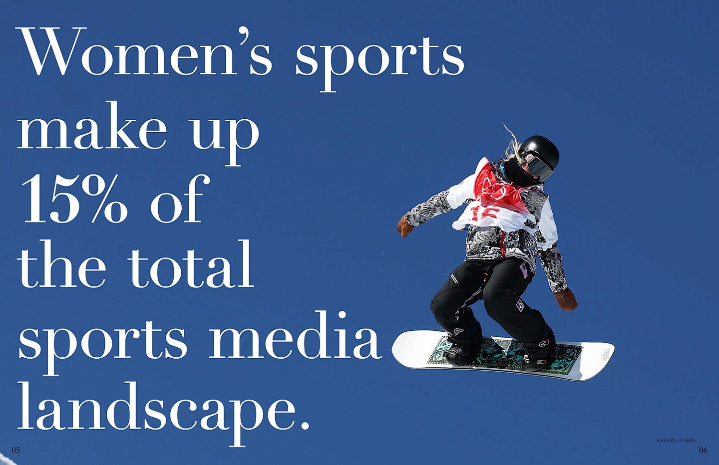 magazine spread with a photo of a female snowboarder and the words "Women's sports make up 15% of the total sports media landscape."