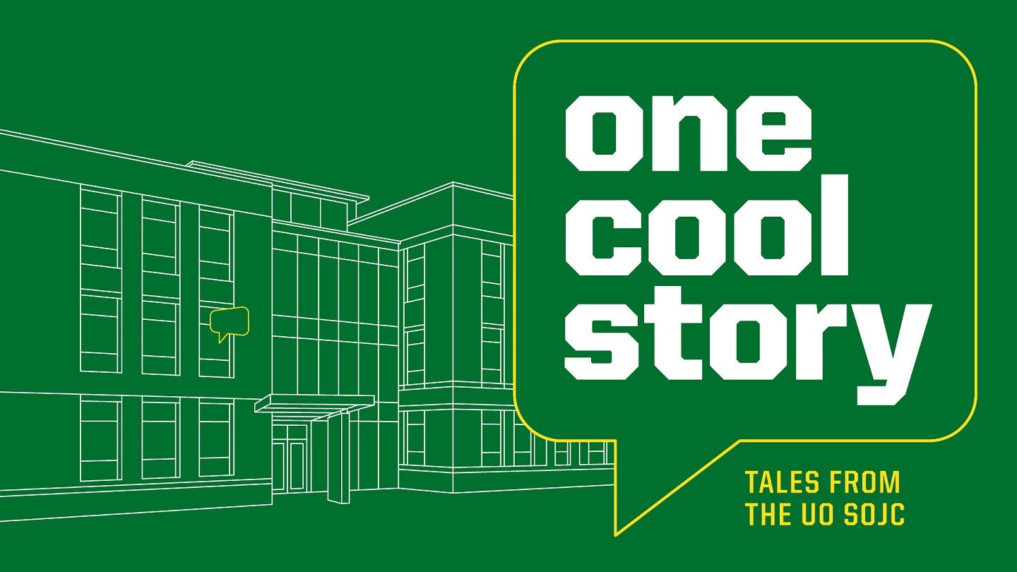 Digital illustration with the logo for One Cool Story: Tales from the UO SOJC podcast