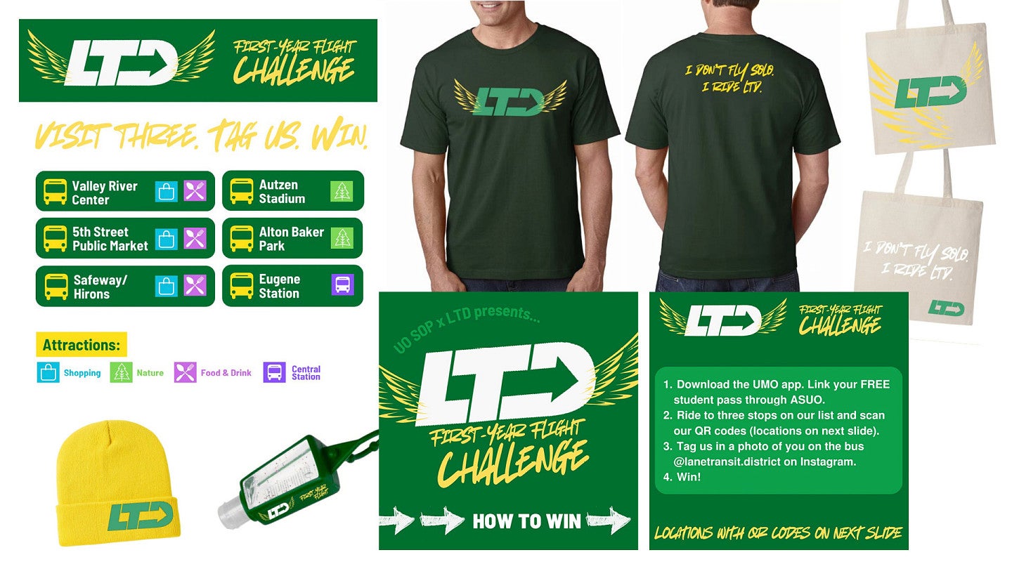 digital composite image that includes mockups of social graphics, t-shirts, tote bags, and other promotional items with green and yellow branding for the LTD First Year Student Challenge