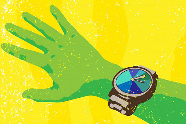 illustration of a green arm with a multicolor watch over a yellow background.