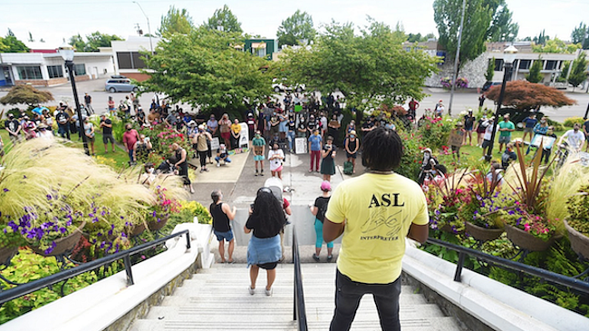 A crowd of protesters gather in support of Black Lives Matter