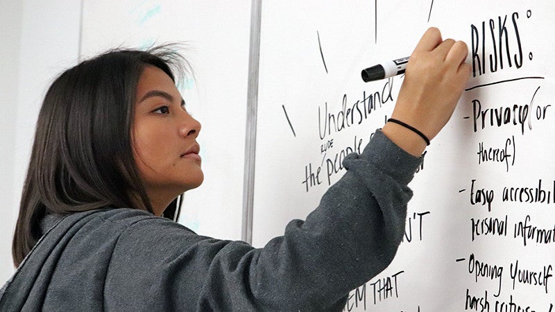 a person wearing a grey hoodie writes on a whiteboard