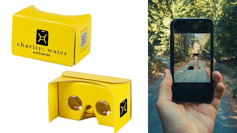examples of AR and VR activations with a mockup of yellow VR goggles