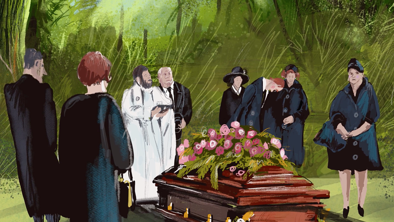 screenshot of animated film showing people wearing black standing around a casket