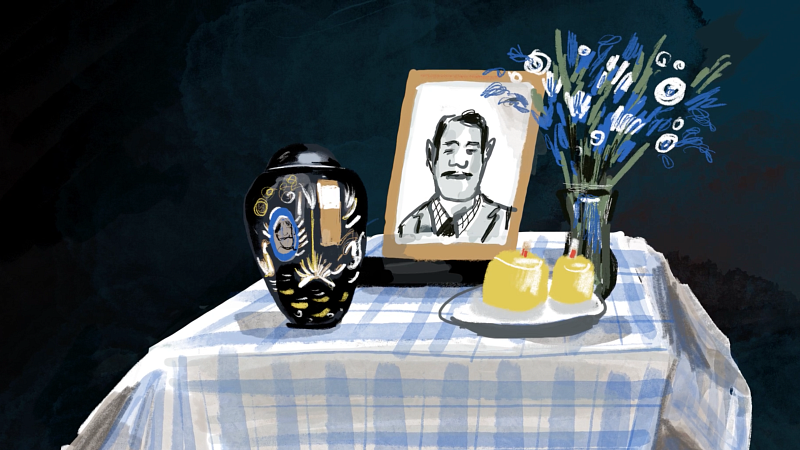 screenshot of animated film showing a table with an urn, candles, flowers, and a portrait