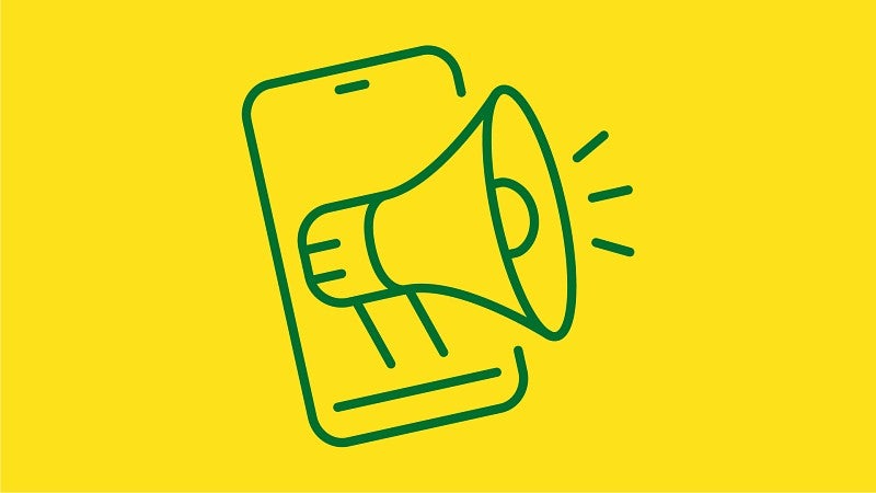 green icon of a megaphone coming out of a cellphone, on a yellow background
