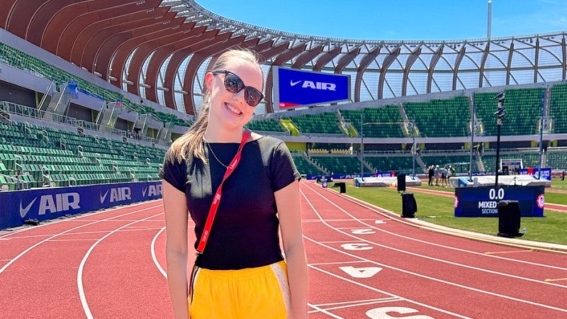 Sophie Fowler stands on the track at Hayward Field