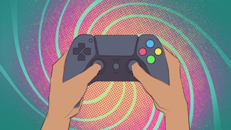 digital illustration of hands holding a video game controller