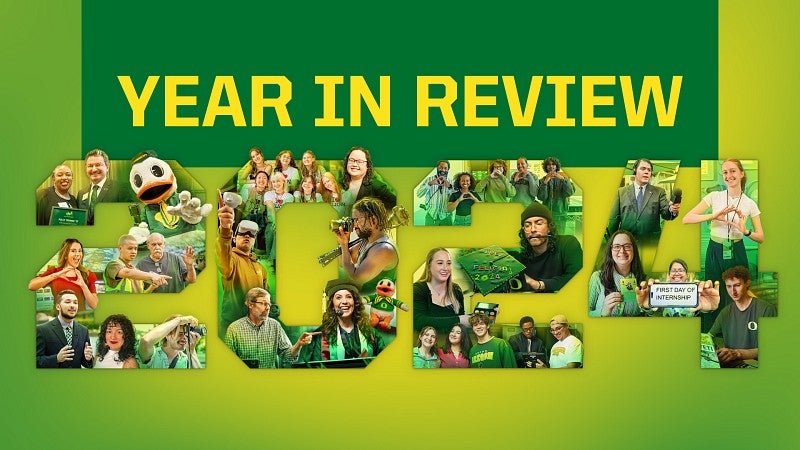 graphic with the words "Year in Review 2024" with collaged photos of SOJC community members in the the characters of 2024