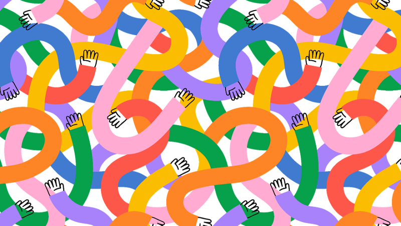 digital illustration of dozens of colorful intertwining "arms" from NiemanLab