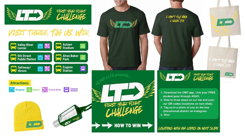 digital composite image that includes mockups of social graphics, t-shirts, tote bags, and other promotional items with green and yellow branding for the LTD First Year Student Challenge