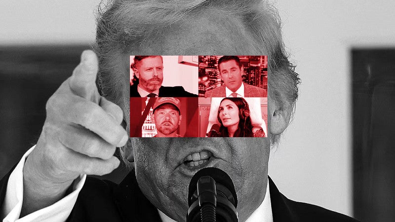 digital composite image with four red-toned thumbnails of right wing media personalities superimposed over Donald Trump's face