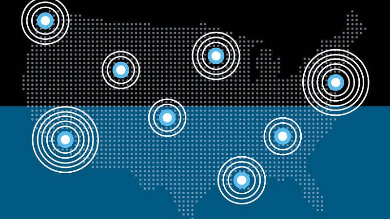 digital graphic featuring a stylized map of the united states made up of dots, with radiating circles placed across the country
