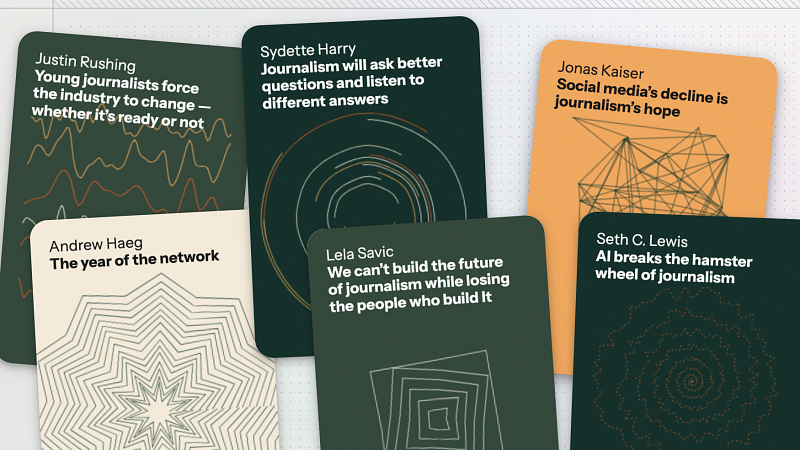 digital illustrations of cards with line art and sentences about the impact of AI on journalism