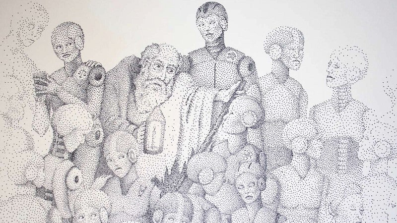 digital illustration depicting an elderly scholar surrounded by robots