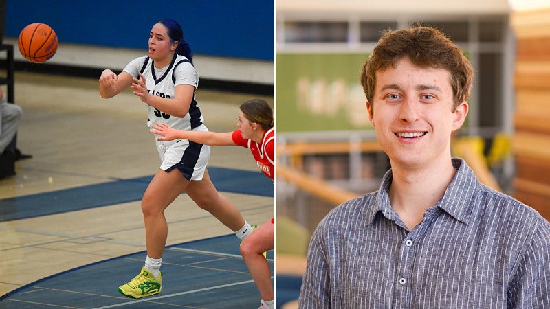digital collage showing a photo of a women's basketball game next to a portrait of Leo Heffron