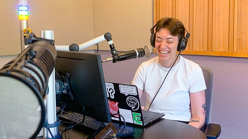 a student broadcasts from the jefferson public radio studio
