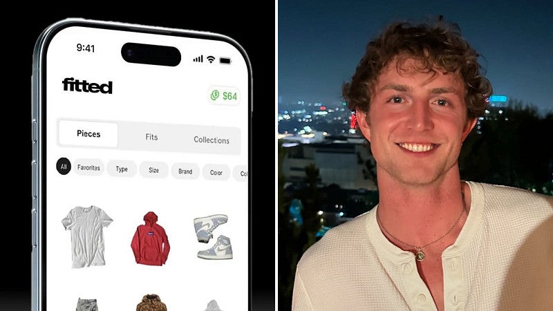 Digital composite of the Fitted app on a phone screen next to a portrait of Max Birch