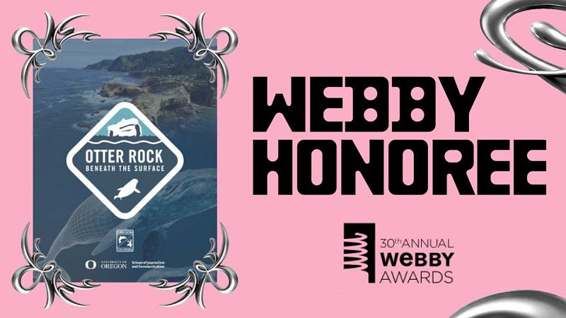 digital graphic that says "Webby Honoree" on a pink background with a thumbnail of the Otter Rock VR project