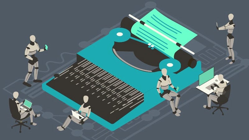 digital illustration of small robots surrounding a large typewriter