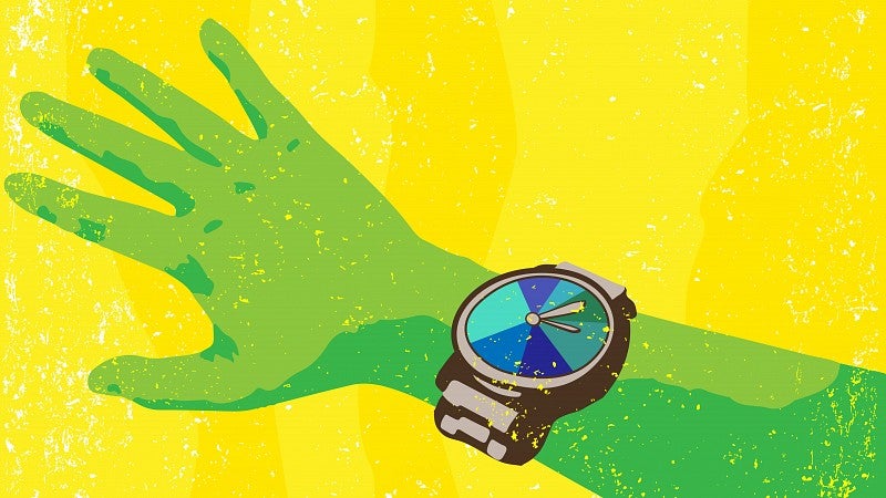 Illustrated graphic of a green arm with a multicolor watch over a yellow background.