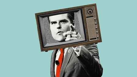 digital illustration of Matt Gaetz with a TV over his head