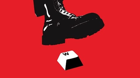 digital illustration of a black Nazi boot about to stomp on a letter W keyboard key on a red background