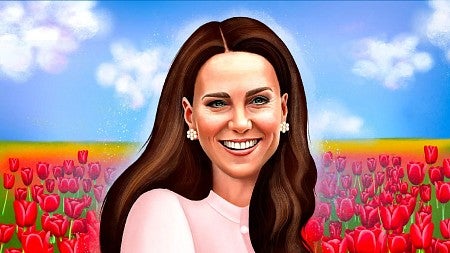 a digital illustration of Catherine, Duchess of Wales amid a field of vibrant tulips