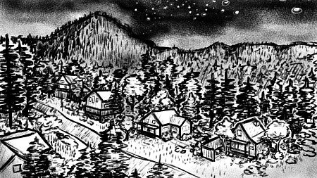 black and white digital illustration of houses set amongst a pine forest