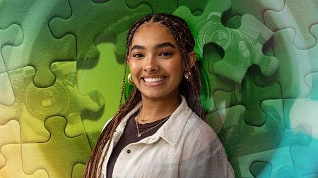 digital composite portrait of Annie Neal over a background of yellow and green puzzle pieces
