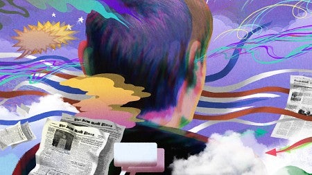 digital illustration featuring the back of a person's head amid a swirl of colors and newspaper pages