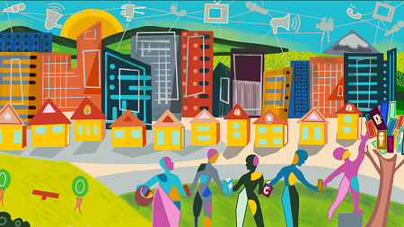 colorful digital illustration of community members