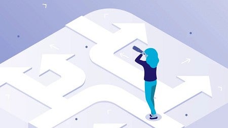 digital illustration showing a person standing on a maze and looking through a spyglass 