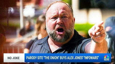 screenshot of an NBC broadcast showing an irate Alex Jones with the headline "No Joke: Parody Site 'The Onion' Buys Alex Jones' "Infowars""