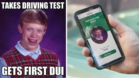 example of the Bad Luck Brian meme next to a screencapture of the meme used in a commercial