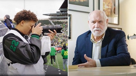 digital composite of Jadrian Tracey shooting a photo next to Dan Morrison at his desk