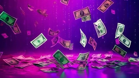 AI generated image of money raining down against a purple background