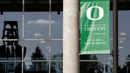 lightpole banner with the University of Oregon Portland logo
