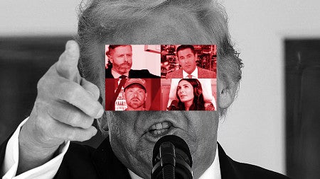 digital composite image with four red-toned thumbnails of right wing media personalities superimposed over Donald Trump's face