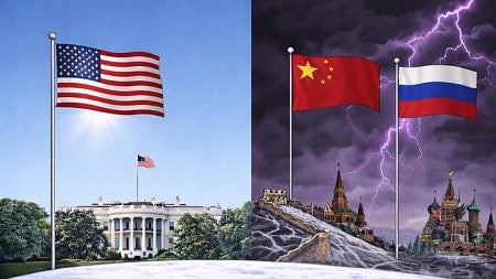 an AI generated image shared by the White House Twitter account that contrasts a light and bright vision of America with a dark and ominous scene showing the Chinese and Russian flags 