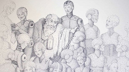 digital illustration depicting an elderly scholar surrounded by robots