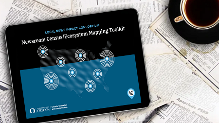 AI generated mockup showing an infographic on a digital tablet on top of a pile of newspapers
