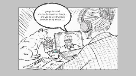 handdrawn comic showing a person watching someone on a laptop